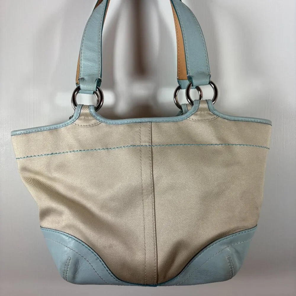 COACH | Light Blue Leather & Cream Canvas Satchel Tote | Y2K Vintage | RARE - Picture 6 of 10
